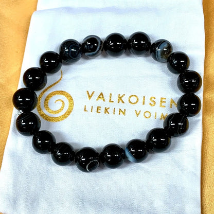 Musta raita - akaatti - Rannekoru - Kohottaa kehon värähtelyä, tuo hyvät yöunet - Valkoisen Liekin Voima