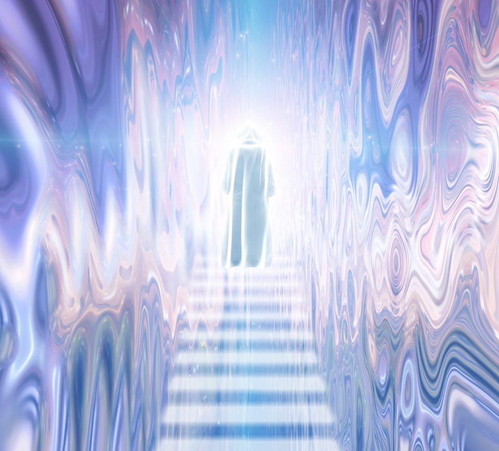Spirit in white cloak goes to the light. 3D rendering